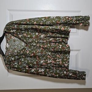 a.n.a. Long Sleeve Boho Blouse Green Orange Floral Cotton Size S